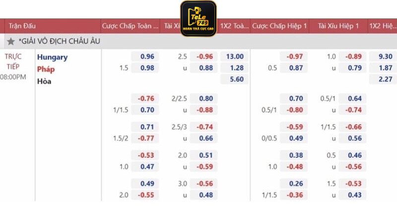 Bảng tỷ lệ kèo xuất hiện trong trận đấu giữa Hungary và Pháp 
